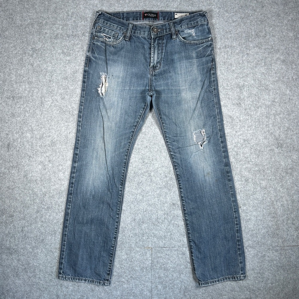 GUESS Denim Jeans Mens 31 Blue Del Mar Slim Straight Distressed Y2K Casual
